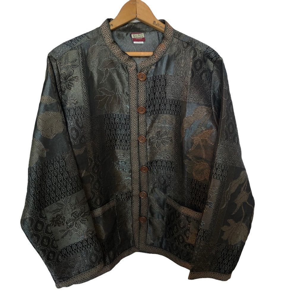 Haband Tudor court Tapestry jacket mandarin collar brown metallic print Large